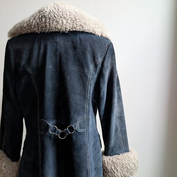 70s Vintage Blue Suede Penny Lane Fur Coat Leather Jacket Trench Boho Medium - Picture 7 of 11